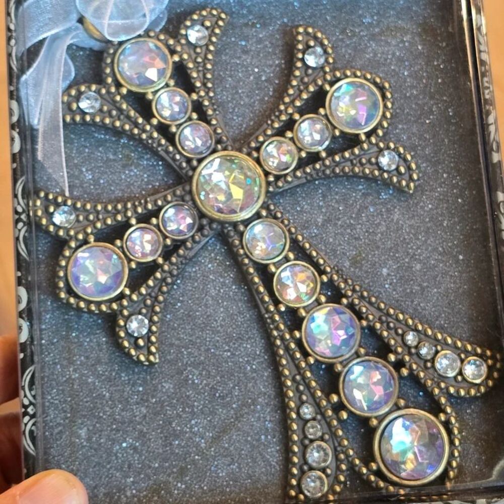 Beautiful Rhinestone embellished metal Cross in gift box Christian decor